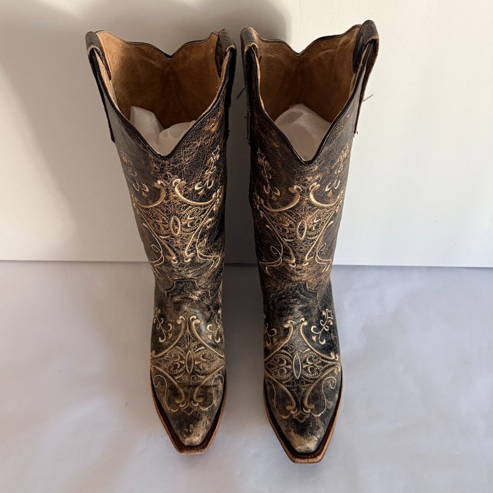 Circle G Crackle Scroll Bone Embroidered Distressed Leather Western Boots Size 7